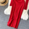 Casual Dresses Women Long Sleeve Sexy Bodycon Dress with slit Vintage French Fashion Knit v neck Vestidos Basic Tight Elegant Slim Chic Y2302