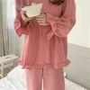 Bequeme solide Frauen Studenten süße schicke lose Baumwolle Mode Langarm Nachtwäsche Home Wear Pyjamas Anzüge 210525