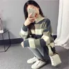 Koreansk stil Y2K Vinter Halv-Turtleneck Striped Patchwork Mid-Length Stickad Sweater Höst Loose Casual Khaki Donna Maglion 210604