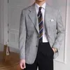 カジュアルスーツの格子縞の男性のブレザービジネスレトロな古典的なシングルブレストドレスジャケットスリムファッション紳士スーツのウェディングコート210527