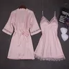 Women's Sleepwear Autumn Women Nightgown Sets 2 Pieces Nightdress Bathrobe With Chest Pad Female Satin Kimono Bath Gown Pink Robes Suit