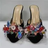 Färgglada Crystal Diamond Flower Decor Sandals Kvinnor Jeweled Rhinestone High Heels Luxury Suede Slingbacks Party Shoes X0526
