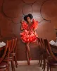 Bright Orange Sequins Evening Dress Sexy V Neck Tiered Ruffles Short Sleeve Mini Party Gowns Red Carpet Fashion Prom Formal Wear