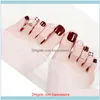 Falska naglar Art Salon Hälsa Beautyfinished Toenails Fake Wine Red Grid Short White Solid Nail Piece J02-08 Drop Leverans 2021 JWPMF