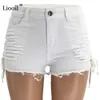 Liooil Tassel Denim Shorts Mulheres Verão Mid Cintura Algodão Sexy Rave Jean Curto Lace Up Oco Out Black Calças De Jeans Branco 210722