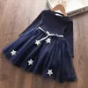 Five-Pointed Star Princess Dress Autumn Spring Knitting Mesh Baby Girls Dress Long Sleeve Birthday Clothing Vestido With Sashes 210317