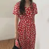 Korejpaa Abito da donna estivo Coreano Chic da donna in stile occidentale sottile scollo a V con lacci laterali a vita alta manica a sbuffo Margherita Vestido 210526