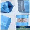 100 stks / partij Blauw Stand-up Aluminium Foliezak met Frosted Window Tear Notch Self Seal Doypack Food Candy Thee Pouches
