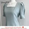 Yitimuceng Midi Dress For Women Summer Elegant Dresses Light Blue White Puff Sleeve High Waist Clothes Korean Fashion 210601