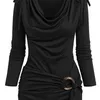 Wipalo Cowl Neck Cinched O Ring Tee Manica lunga Maglietta ampia Camicette stile primavera autunno da donna 220226