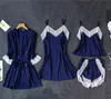 Kvinnors Sleepwear 4 Pieces Women Pyjamas Sätter Faux Silk Satin Lace Bath Gown Wedding Night Dress Robe Home Suit