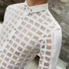 Sexy Lace Hollow Shirt Men Casual Long Sleeve Slim Fit Shirts See Through Night Club Party Stage Male Clothing Camisa Masculina 210527
