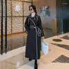 Women's Wool & Blends Autumn Winter Women Fashion Bandage Long Woolen Coat Jacket Office Lady Elegant Color Block Plus Size Windbreaker Over