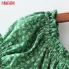 Tangada Summer Women Green Flowers Print Off Shoulder Dress Puff Short Sleeve Ladies Sundress 1D286 210609