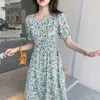 Vintage blommig tryck kvinnor chiffong klänning sommar fyrkantig nacke kvinnlig elegant a-line vestidos femme 210529