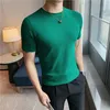 Wysokiej Jakości Knitting T Shirt Mężczyźni Solid O-Neck Topy Tees Summer O-Neck Tops Tees Business Casual Downing Men Odzież 210527