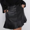 フリルハイウエストスカートミニセクシーなショートSブラックサッシエレガントなレザー女性の女性が付いているポケット210629