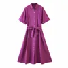 ZAの女性エレガントなMidiシャツのドレスネクタイのセルフベルトロングサマードレスラペルカラーフロントボタン女性ファッションオフィスウェアドレス210602
