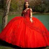 2022 Sexy Dark Red Quinceanera Ball Gown Dresses V Neck Lace Appliqus Crystal Beading Tulle Sweet 16 Sweep Train Plus Size Party Prom Evening Gowns