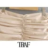 TRAF Women Chic Fashion Appliques Ruffled Pleated Mini Kjol Vintage High midjan Back Zipper Kvinnliga kjolar Mujer 210309