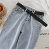 Light Blue Ripped Jeans Women Spring Summer Korean Flabby Pants Female Casual Radish Trousers Denim Harlem Pants With Belt 210302