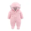 Bear Leader Baby Girls Fashion Cute Winter Romper Born Boys Cartoon Ear Söt Solid Kläder Barn Varm Flannel Romper 210708