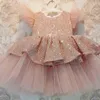 Boże Narodzenie Cekiny Ciasto Double Baby Girl Dress 1 rok Urodziny Dress Born Party Wedding Vestidos Baby Girl Christening Odzież 220125