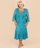 Elegant Turquoise New Plus Size Mother Of The Bride Lace Dresses Tea Length Wedding Party Gowns With Long Sleeves Jacket