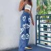 022102 Bold Shade Early 2000s Fashion Denim Jeans Heart Print High Waist Women Baggy Pants Autumn Skater Style Streetwear Pants Christmas Gift