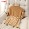 Tangada Korea Chic Kobiety Pasiasty Wzór Sweter Letni Sweter Z Krótkim Rękawem Ladies School Style Dzianiny Jumper Topy 7H07 210609