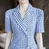 Blue Plaid Mini Dress for women Summer Short Sleeve notched cotton Blazer Dresses Ladies Sexy Office 210602