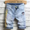 Men Embroidery Blue Jeans denim shorts zomerontwerper heren badge patckwork gebleekte retro grote size letters patches korte broek broek broek 312