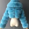 Lucyever Mode À Capuchon Fausse Fourrure Manteau Femmes Hiver Chaud Plus Taille 8XL Bleu Furry Pardessus Élégant En Peluche Crop Veste Femme 211112