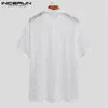 Męskie koszule 2021 Mężczyźni Mesh Shirt Pokaż przez Lapel Sexy Krótki Rękaw Koronki Przycisk Camisa Masculina Streetwear Party NightClub Topy 5xl