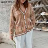 Wotwoy Jacquard gebreide V-hals vest vrouwen herfst winter knoppen-up losse gedrukte trui vrouwelijke kimono vesten gebreide tops 211215