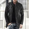 Mens mid-length leather jacket with stand-up collar plus velvet large size mens belt warm and windproof PU jacket