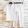 (Рубашка + брюки) 2021 летние мужчины рубашка мужчина хлопок и льняные рубашки с коротким рукавом мужские повседневные рубашки мужчины набор одежды M-5XL X0610