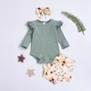 Baby Girl Clothes Kids Long Sleeve Solid Rompers Sunflower printed Triangle Ruffle Boutique Jumpsuits Casual Onesie Kids 3pcs/set zyy685