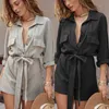 Summer Cotton Linen Playsuit With Belt Women Solid Adjustable Sleeve Loose Female Jumpsuit Elegant Pockets Ladies Romper 210709