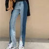 Yedinas Vintage Split Jeans Women Women High Slim Flare Designer Ladies Color Contrast Patchwork calças coreanas 210527