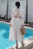 Women Summer Dress Sexy Chiffon Long Sleeve Hollow out Bandage Back Ruched White Fairy Ladies Fashion Beach Holiday Dresses 210608