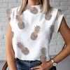 Women Elegant Chain Print Blouses Top Summer Casual Stand Neck Pullovers Tops Lady Fashion Eye Short Sleeve Drop
