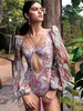 Strój kąpielowy Długi Rękaw Swimwear Kobiety Bandaż Drukuj Monokini Sexy Czarny Kostium Kąpielowy String Backless Beachwear 210611