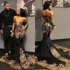 2022 Robes de bal noires africaines sexy avec des appliques dorées paillettes col en V à manches courtes robe de soirée sirène tribunal train robes de soirée WHT0228
