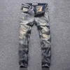 Style italien mode hommes jean rétro jaune bleu lavage coupe ajustée déchiré pour Vintage Patchwork concepteur Denim Punk pantalon