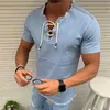 Printed Washed Men's Denim Shirts V Neck Hollow Out Lace Up Casual Short Sleeve Vintage Autumn Fashion Sexy Men Tops 210721