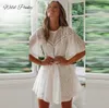 Flare Manga Algodão Branco Rendas Vestido Mulheres Casual Senhoras Verão Cintura Alta Curta Backless Vestidos Oco para fora 210730