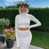 Rapwriter Casual Turtleneck Middle Zipper Tricoté Côtelé Élastique Blanc T-shirt Fille Harajuku Automne Manches Longues Stretch Crop Top 210722