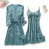 Women's Sleepwear Yellow Robes Suit Autumn Women Nightgown Sets 2 Pieces Nightdress Bathrobe With Chest Pad Female Satin Kimono Bath Gown Sl