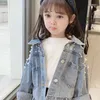 Pearls Beading Kids Denim Jacket For Girls Fashion Coats Children Clothing Autumn Baby Clothes Outerwear Jean Jackets Coat 211204